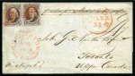 1847 5c Brown in pair tied by two red circular grids on cover from New York