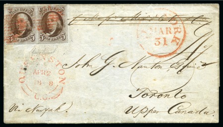 Stamp of United States » 1847 Issue 1847 5c Brown in pair tied by two red circular grids on cover from New York
