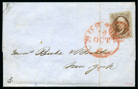 1847 5c Brown tied by red circular grid on folded cover