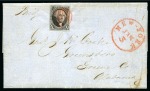 1847 10c Black with good margins, tied by red circular grid on folded entire