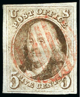 Stamp of United States » 1847 Issue 1847 5c Dark brown, large margins all around, red circular grid canel