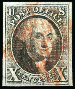 Stamp of United States » 1847 Issue 1847 10c Black, large margins all around, red circular grid,