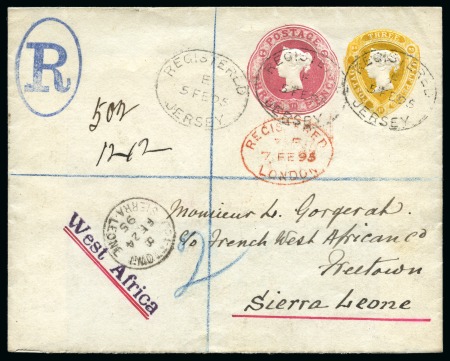 Stamp of Great Britain » Postal Stationery 1895 Compound postal stationery envelope from Jersey to Sierra Leone