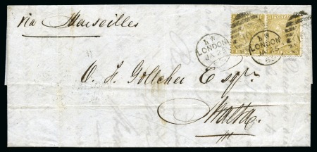 Stamp of Great Britain » 1855-1900 Surface Printed 1869 Entire from London to MALTA with 1867-80 9d straw pair
