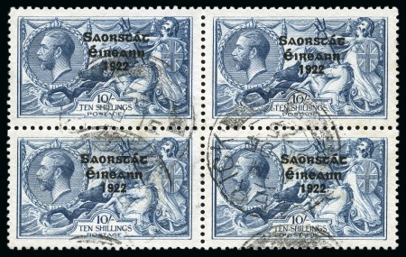 Stamp of Ireland » 1925 Narrow Date Overprints (T66-T68) 1925 Narrow Date 10s showing the rare Runnals re-entry, plate 2/7 Left, row 6 stamp 1, in used block of four