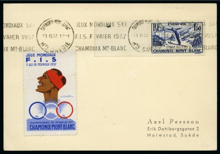 Stamp of Olympics » 1936-1940 Intervening Championships SKIING: 1937 Chamonix FIS world championships vignette and stamp tied by special cancel