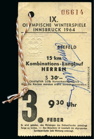 Stamp of Olympics » 1964 Innsbruck AUTOGRAPHS: 1964 Innsbruck ticket signed by the gold medal winner Tormod Knutsen