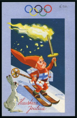 1952 Helsinki official postcard depicting a boy skiing and holding the Olympic torch