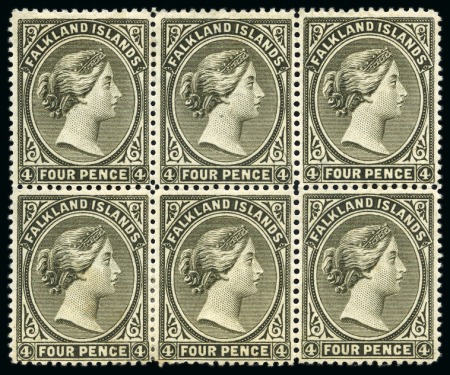 1882 4d Grey-black, Wmk Crown CA, marginal block of 6