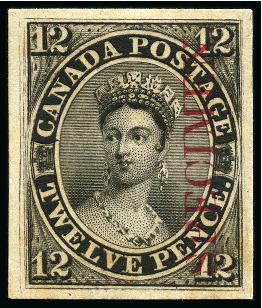 1851 12d Black, proof on card with SPECIMEN overprint,