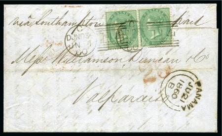 Stamp of Great Britain » 1855-1900 Surface Printed 1860 (Jun 1) Lettersheet to Chile with 1855-57 1s deep green pair