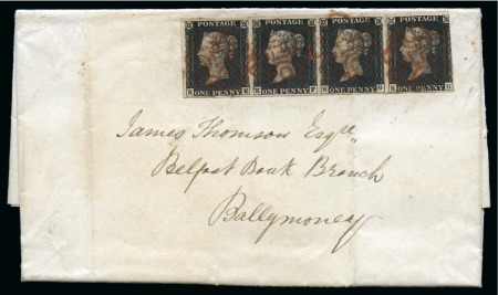 1840 Entire from Ballycastle to Ballymoney with 1840 1d black pl.1b strip of four 