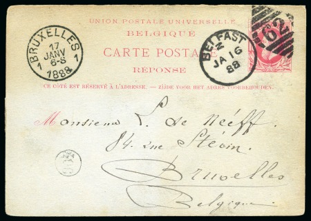 1888 (Jan 16) Belgium reply paid postcard sent from Belfast back to Belgium