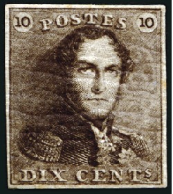 Stamp of Belgium » Belgique. 1849 Epaulettes - Émission 10c Brun-gris foncé, très bien margé, neuf avec go