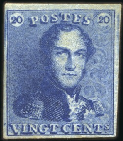 Stamp of Belgium » Belgique. 1849 Epaulettes - Émission 20c Bleu-ARDOISE, belles grandes marges régulières