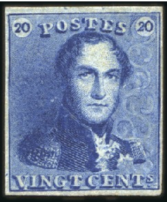 Stamp of Belgium » Belgique. 1849 Epaulettes - Émission 20c Bleu-LILACÉ, belles marges régulières, neuf av