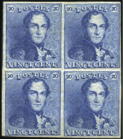 Stamp of Belgium » Belgique. 1849 Epaulettes - Annulations Moens 20c Bleu en bloc de quatre, annulation Moens lavée