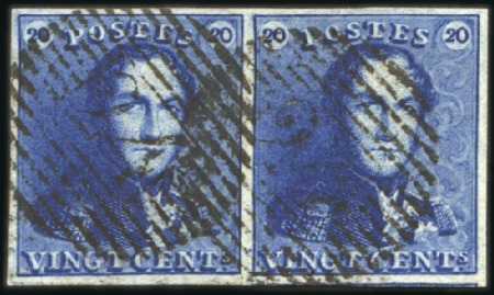 Stamp of Belgium » Belgique. 1849 Epaulettes - Émission 20c Bleu paire horizontale très bien margée, posit