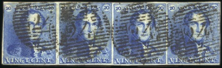 Stamp of Belgium » Belgique. 1849 Epaulettes - Émission 20c Bleu en bande horizontale de quatre, bien à tr