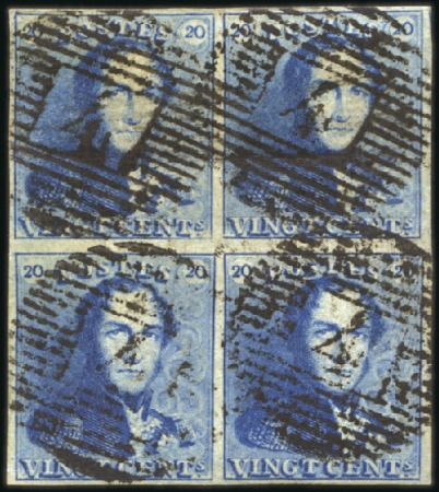 Stamp of Belgium » Belgique. 1849 Epaulettes - Émission 20c Bleu en bloc de quatre, belles grandes marges 