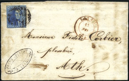 Stamp of Belgium » Belgique. 1849 Epaulettes - Émission 20c Bleu, marges intactes, oblitération de la perc