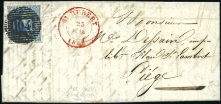 Stamp of Belgium » Belgique. 1849 Epaulettes - Émission 20c Bleu, 3 marges et pli d'archive, oblitération 