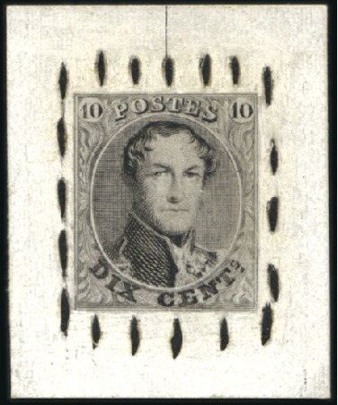 Stamp of Belgium » Belgique. 1849 Médaillons (filigrane encadré) - La Genèse - Épreuves Robinson : Épreuve de coin du 10 centimes en noir 