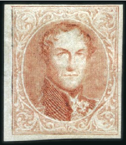 Stamp of Belgium » Belgique. 1849 Médaillons (filigrane encadré) - La Genèse - Essais Essai de Robinson: exemplaire en rouge provenant d