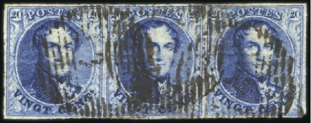 Stamp of Belgium » Belgique. 1849 Médaillons (filigrane encadré) - Émission 20c Bleu, reconstruction d'une bande de trois, obl