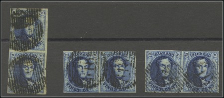 Stamp of Belgium » Belgique. 1849 Médaillons (filigrane encadré) - Émission 20c Bleu, lot de trois paires dont une verticale, 