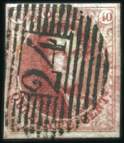 Stamp of Belgium » Belgique. 1849 Médaillons (filigrane encadré) - Émission 40c Carmin très bien margé, oblitération de la per
