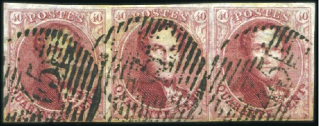 Stamp of Belgium » Belgique. 1849 Médaillons (filigrane encadré) - Émission 40c Carmin en bande horizontale de trois, au cadre
