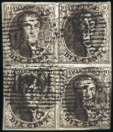 Stamp of Belgium » Belgique. 1849 Médaillons (filigrane encadré) - Émission 10c Brun foncé en bloc de quatre, un filet touché 