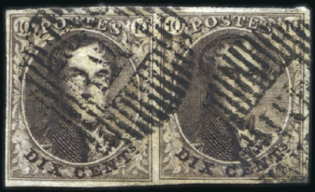 Stamp of Belgium » Belgique. 1849 Médaillons (filigrane encadré) - Oblitérations M VI: 10c Brun en paire très bien margé, oblitérat