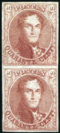 Stamp of Belgium » Belgique. 1849 Médaillons (filigrane encadré) - Émission 40c Carmin, en paire verticale, très bien margée, 