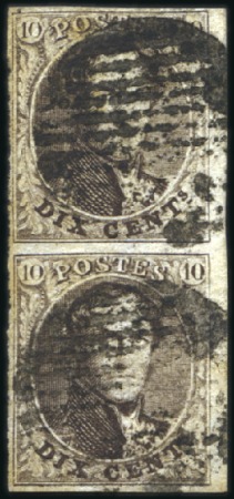 Stamp of Belgium » Belgique. 1851 Médaillons (filigrane sans cadre) - Oblitérations RURALE: 10c Brun en paire verticale bien margé ave