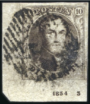 Stamp of Belgium » Belgique. 1851 Médaillons (filigrane sans cadre) - Émission 10c Brun, coin de feuille avec millésime "1854 3",