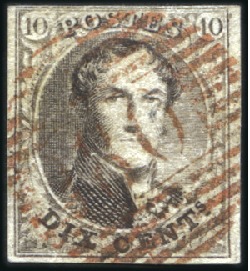 Stamp of Belgium » Belgique. 1851 Médaillons (filigrane sans cadre) - Oblitérations ROUGE: 10c Brun, margé, oblitération de la percept