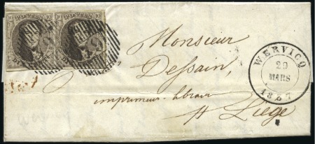 Stamp of Belgium » Belgique. 1851 Médaillons (filigrane sans cadre) - Émission 10c Brun, en paire largement margée (traces de tro