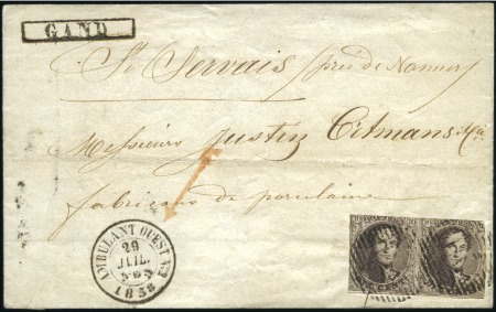 Stamp of Belgium » Belgique. 1851 Médaillons (filigrane sans cadre) - Oblitérations AMBULANT O.II: 10c Brun en paire (touchée), oblité