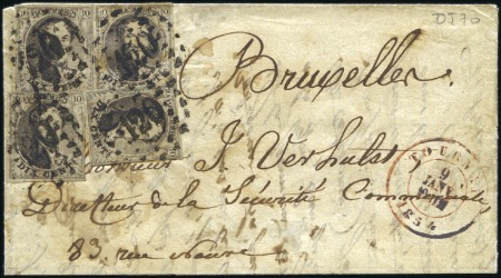 Stamp of Belgium » Belgique. 1851 Médaillons (filigrane sans cadre) - Oblitérations TOURNAI (points de): 10c Brun, quatre exemplaires 