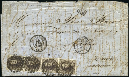 Stamp of Belgium » Belgique. 1851 Médaillons (filigrane sans cadre) - Émission 10c Brun, bande VERTICALE de quatre, un timbre au 