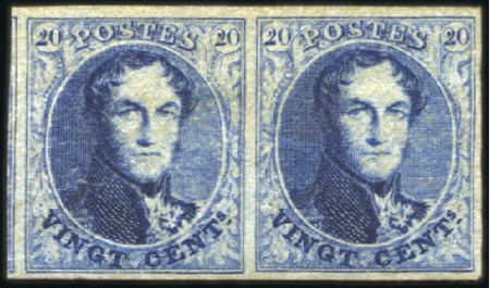 Stamp of Belgium » Belgique. 1851 Médaillons (filigrane sans cadre) - Émission 20c Bleu foncé en paire superbement margée avec à 