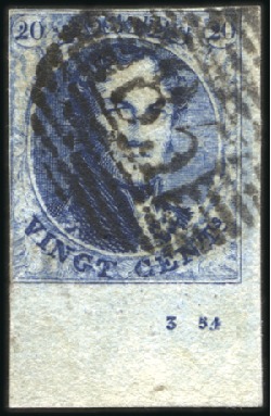 Stamp of Belgium » Belgique. 1851 Médaillons (filigrane sans cadre) - Émission 20c Bleu, coin de feuille de la planche III avec m