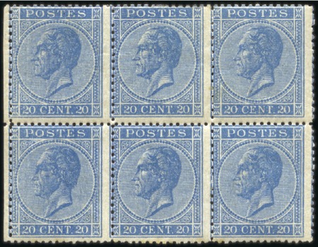 Stamp of Belgium » Belgique. Léopold 1er - Nouveau Type - Émission 20c bleu en bloc de six, dent. 14 1/2 x 14, neuf, 