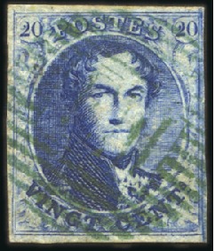 Stamp of Belgium » Belgique. 1851 Médaillons (filigrane sans cadre) - Oblitérations AMBULANT E.III: 20c Bleu, bien margé, petite fente