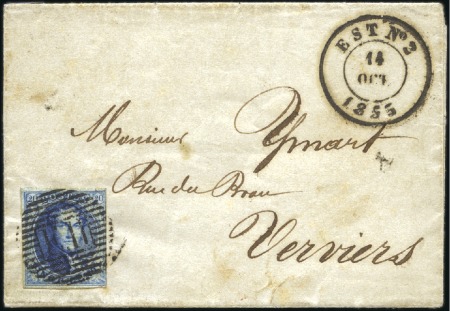 Stamp of Belgium » Belgique. 1851 Médaillons (filigrane sans cadre) - Oblitérations AMBULANT E.II: 20c Bleu, une marge au filet, oblit