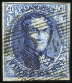 Stamp of Belgium » Belgique. 1851 Médaillons (filigrane sans cadre) - Oblitérations 26 BARRES DE BRUXELLES: 20c Bleu, belles marges, o