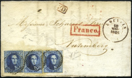 Stamp of Belgium » Belgique. 1851 Médaillons (filigrane sans cadre) - Émission 20c Bleu, trois exemplaires (un avec une marge tou