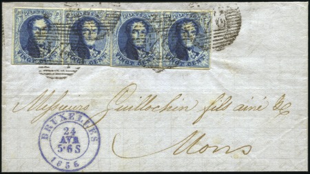 Stamp of Belgium » Belgique. 1851 Médaillons (filigrane sans cadre) - Émission 20c Bleu, deux paires (un timbre lég. touché sinon